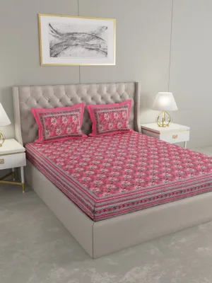 Pink Floral Hand Printed Pure Cotton King Size Bedding Set