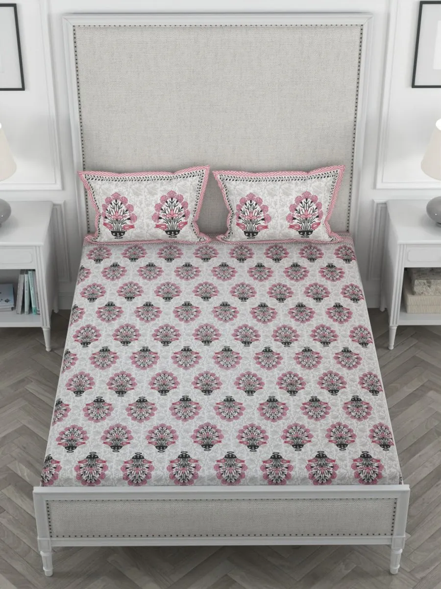 Pink Hand Block Printed Pure Cotton Super King Size Bedsheet with 2 Pillow Covers