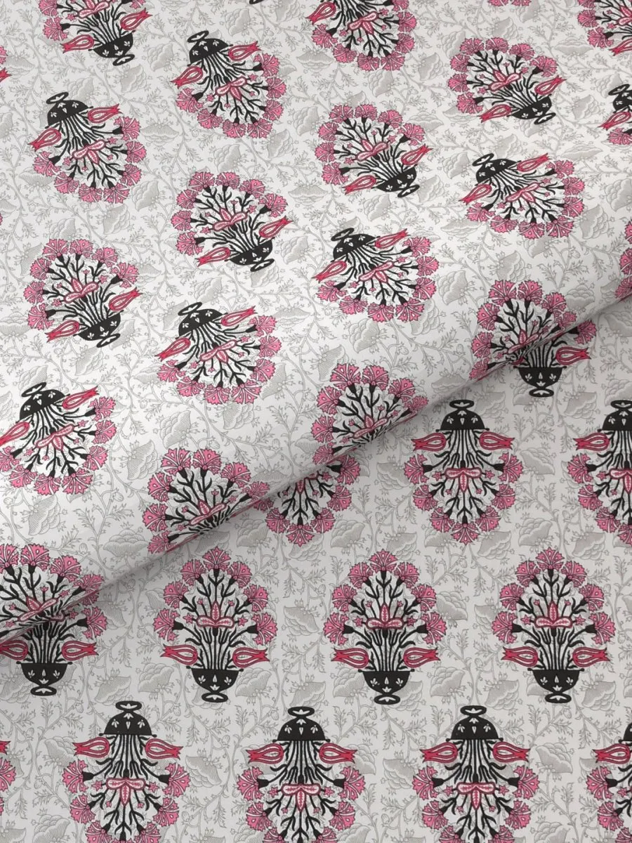 Pink Hand Block Printed Pure Cotton Super King Size Bedsheet with 2 Pillow Covers