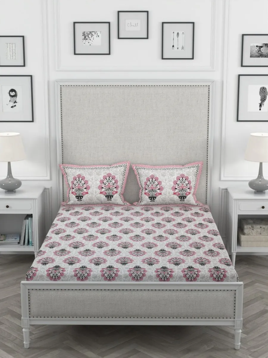 Pink Hand Block Printed Pure Cotton Super King Size Bedsheet with 2 Pillow Covers