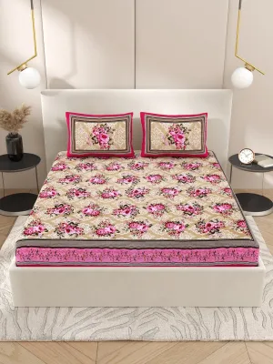 Pink Interiors Floral Print Cotton Queen Size Bedding Set