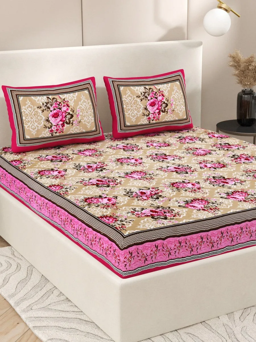 Pink Interiors Floral Print Cotton Queen Size Bedding Set