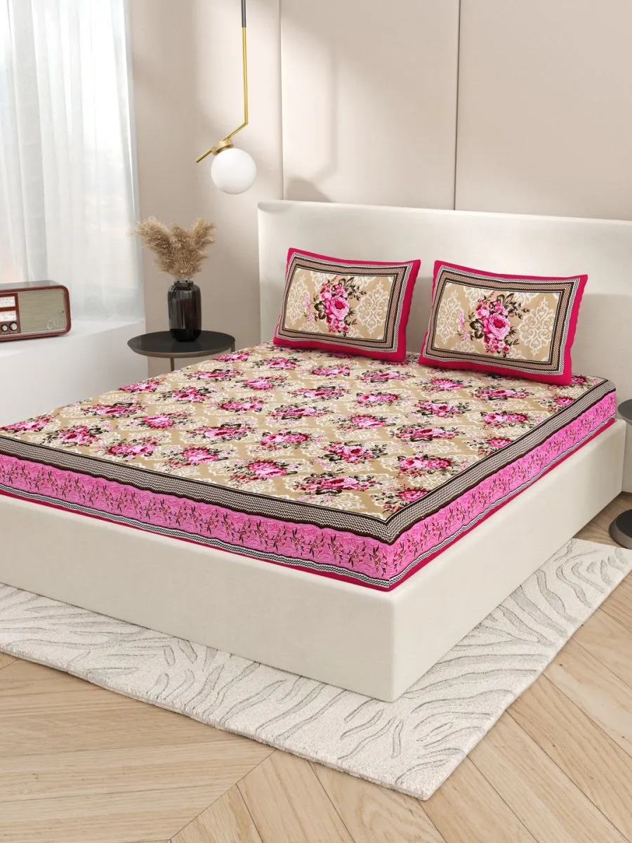 Pink Interiors Floral Print Cotton Queen Size Bedding Set