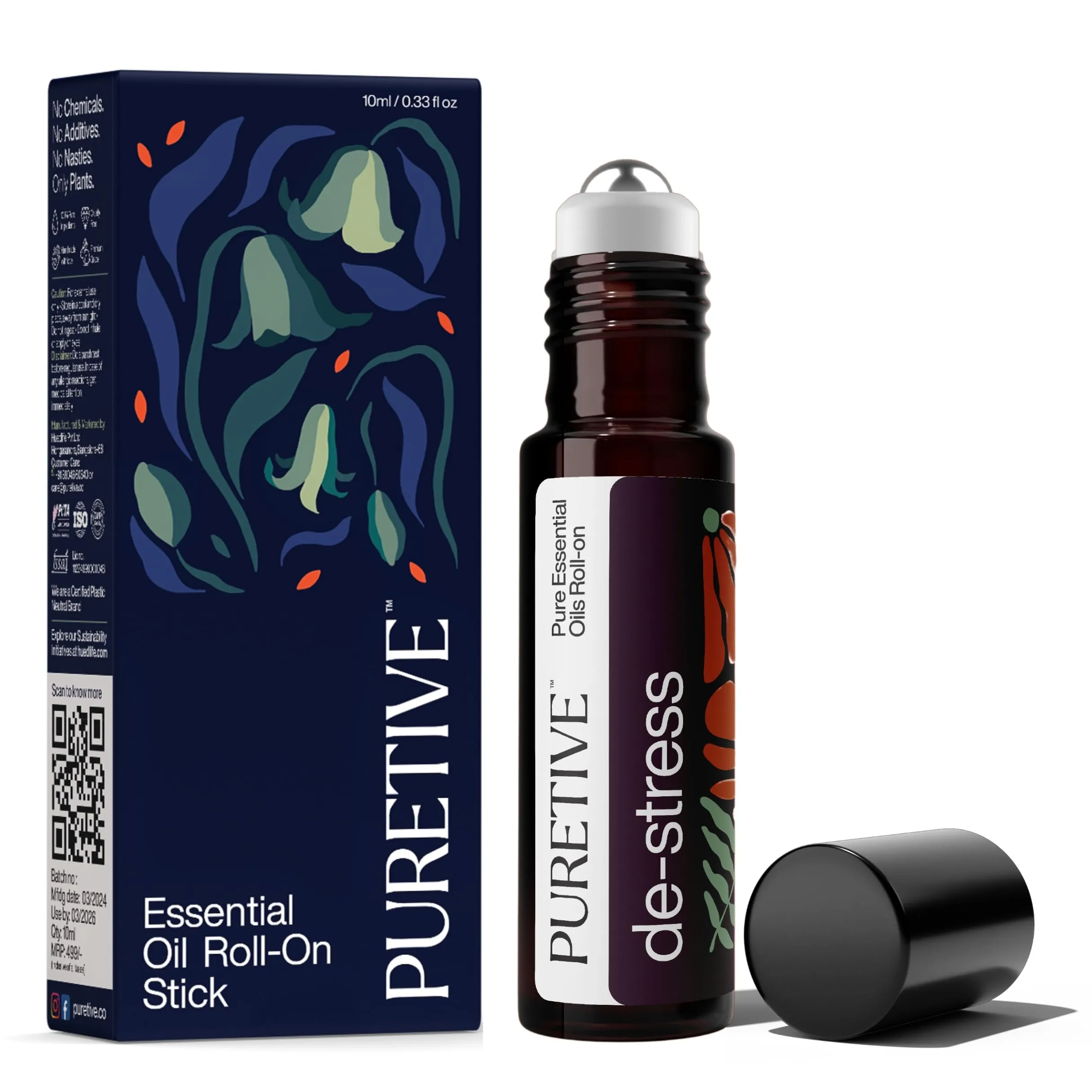 PURETIVE | De-Stress Plant Therapy Roll On | Stress Relief Roll on | 100% Therapeutic Essential Oil Roll On (10ML) | Instant Relief from Stress, Anxiety, Calms the mind | Aromatherapy