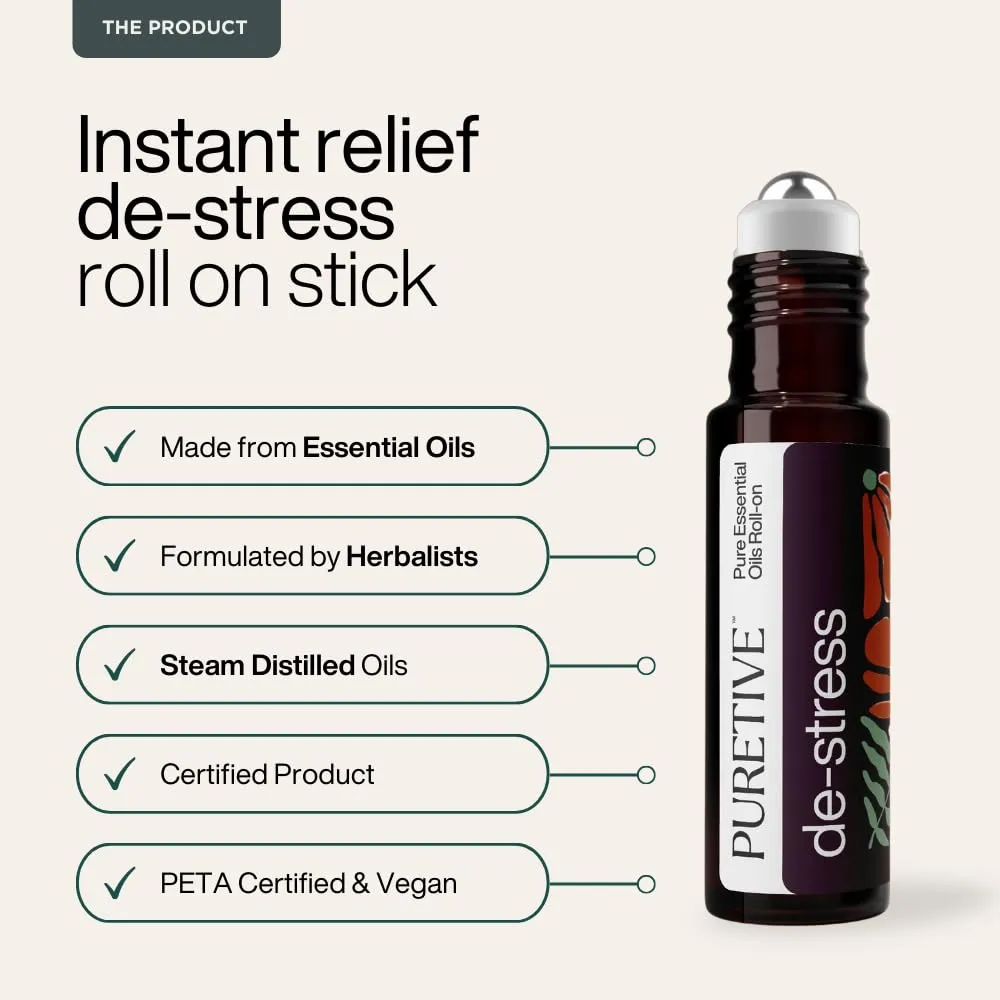 PURETIVE | De-Stress Plant Therapy Roll On | Stress Relief Roll on | 100% Therapeutic Essential Oil Roll On (10ML) | Instant Relief from Stress, Anxiety, Calms the mind | Aromatherapy