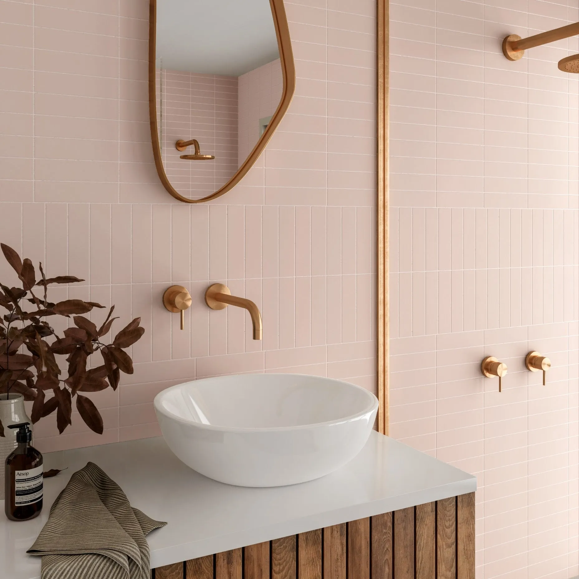 Rippled Brick Base  Tile | Stony Pink | Matt | 5cm x 20cm