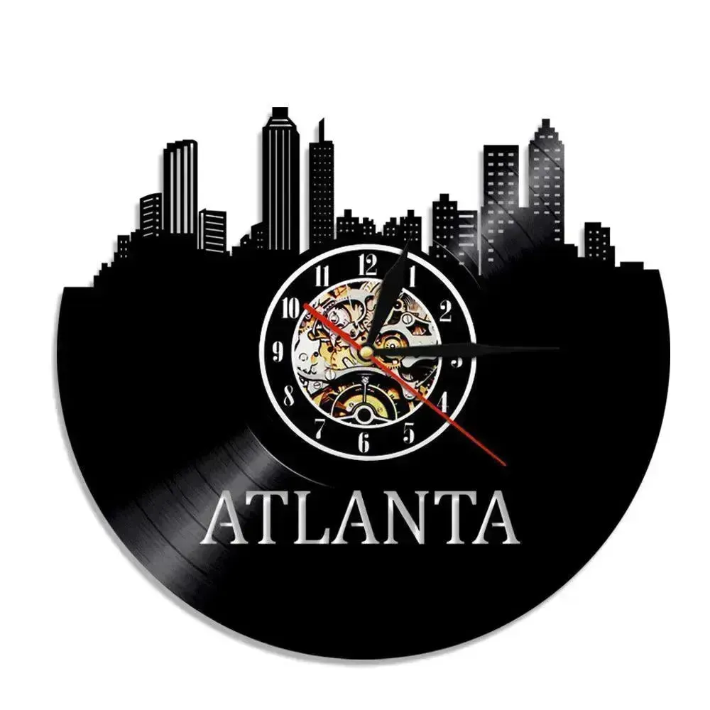 Wall Clock Vinyl Wall Clock  Atlanta Skyline Vinyl Record Clock Georgia Wall Art Atlanta Wall Decor Vinyl Clock Lights Silent Clock