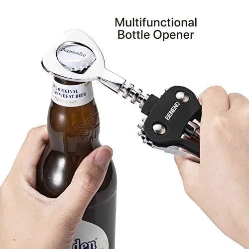Wine Opener, Zinc Alloy Premium Wing Corkscrew Wine Bottle Opener with Multifunctional Bottles Opener, Upgrade - Black