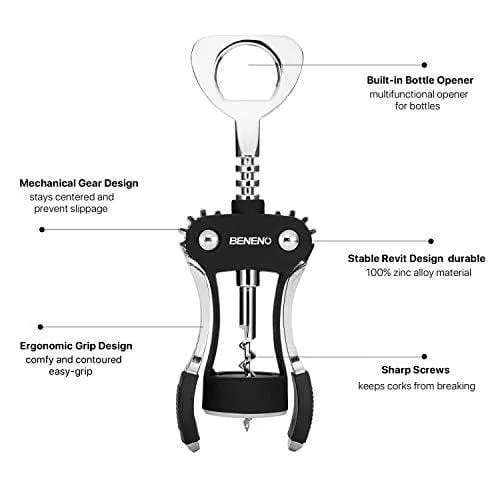 Wine Opener, Zinc Alloy Premium Wing Corkscrew Wine Bottle Opener with Multifunctional Bottles Opener, Upgrade - Black