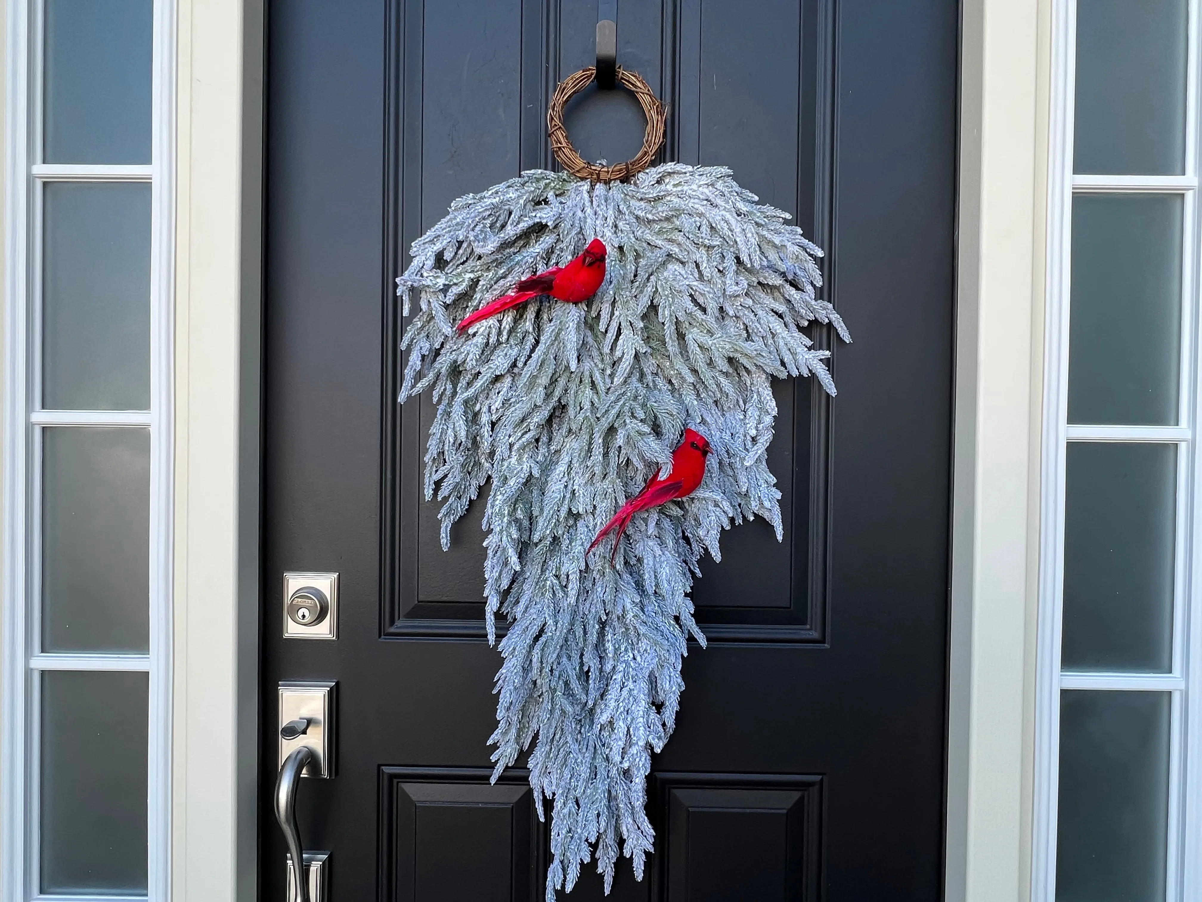 Wintery Wonderland Snow Flocked Teardrop Wreath for Front Door