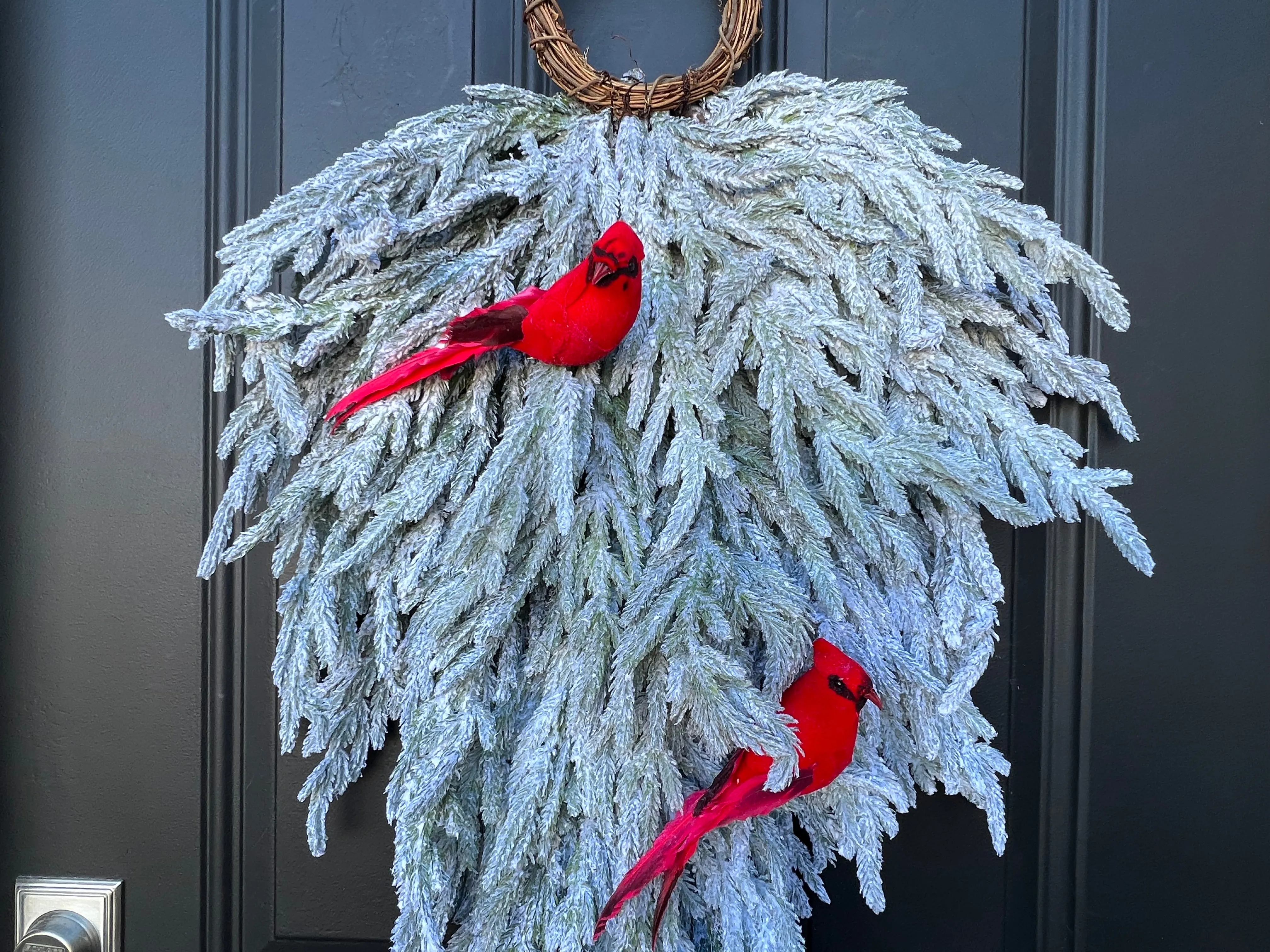 Wintery Wonderland Snow Flocked Teardrop Wreath for Front Door
