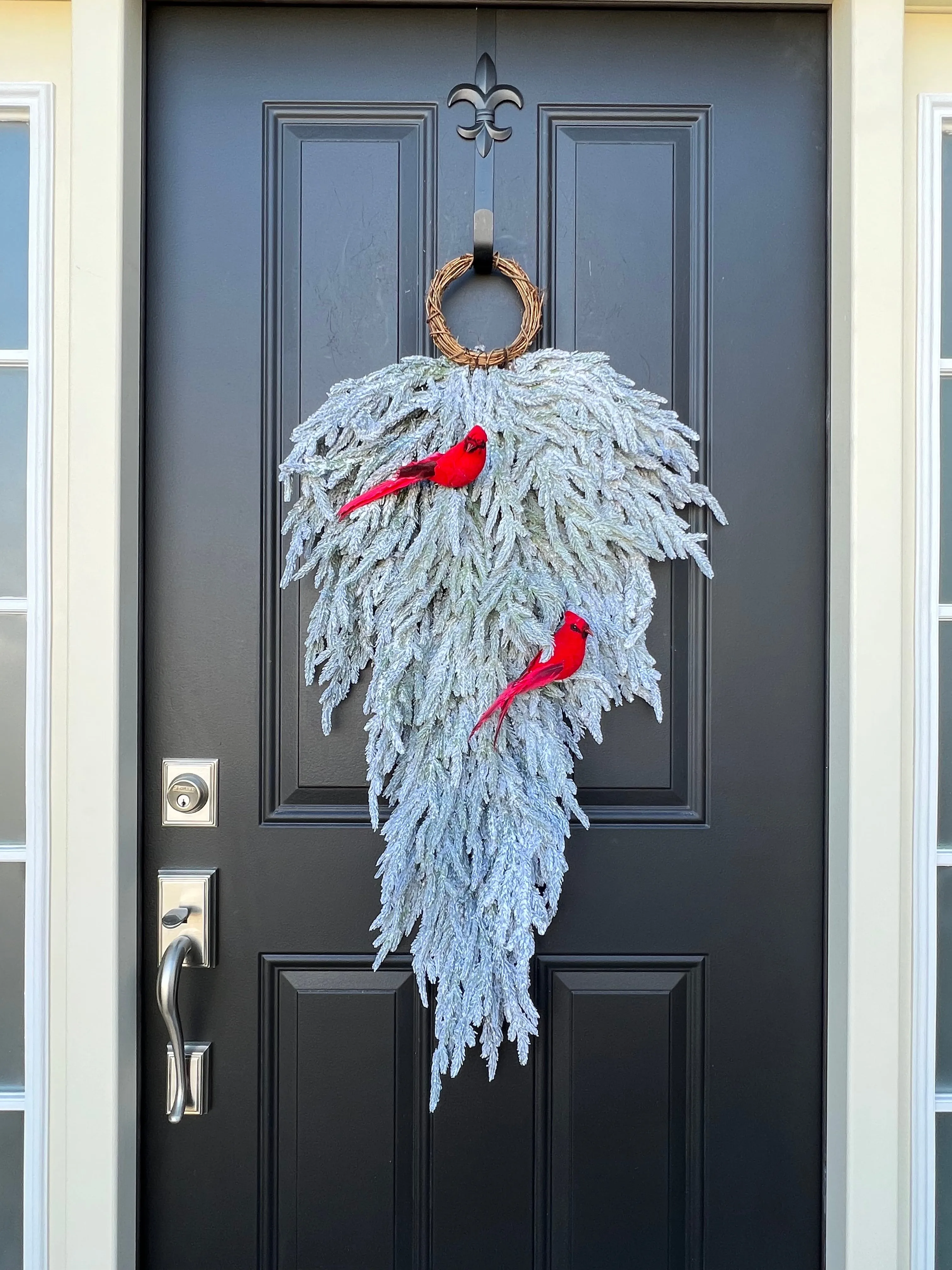 Wintery Wonderland Snow Flocked Teardrop Wreath for Front Door